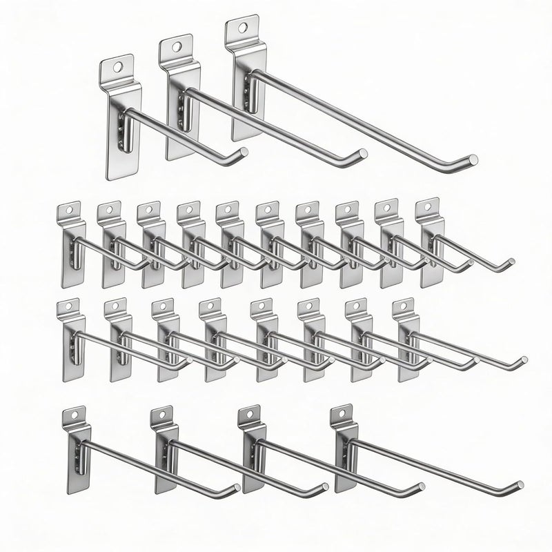 Ferraycle 24 Pack Slatwall Hooks 4/6/8 Inch Heavy Duty Slat Wall Hanging Hook and Hanger Slatwall Panel Accessories Assortment Display Hooks for Garages, Sheds, Basements, Shop, Retail Stores(Silver) - Image 1